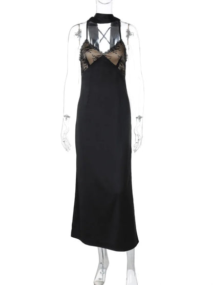 Midi Dresses- Elegant Lace Backless Evening Dress with Scarf- Black- IndioGear Women Clothing