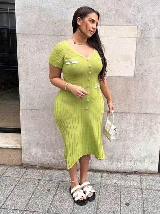 Midi Dresses- Fall Ribbed Knit V-Neck Buttoned Midi Dress- GreenYellow- IndioGear Women Clothing