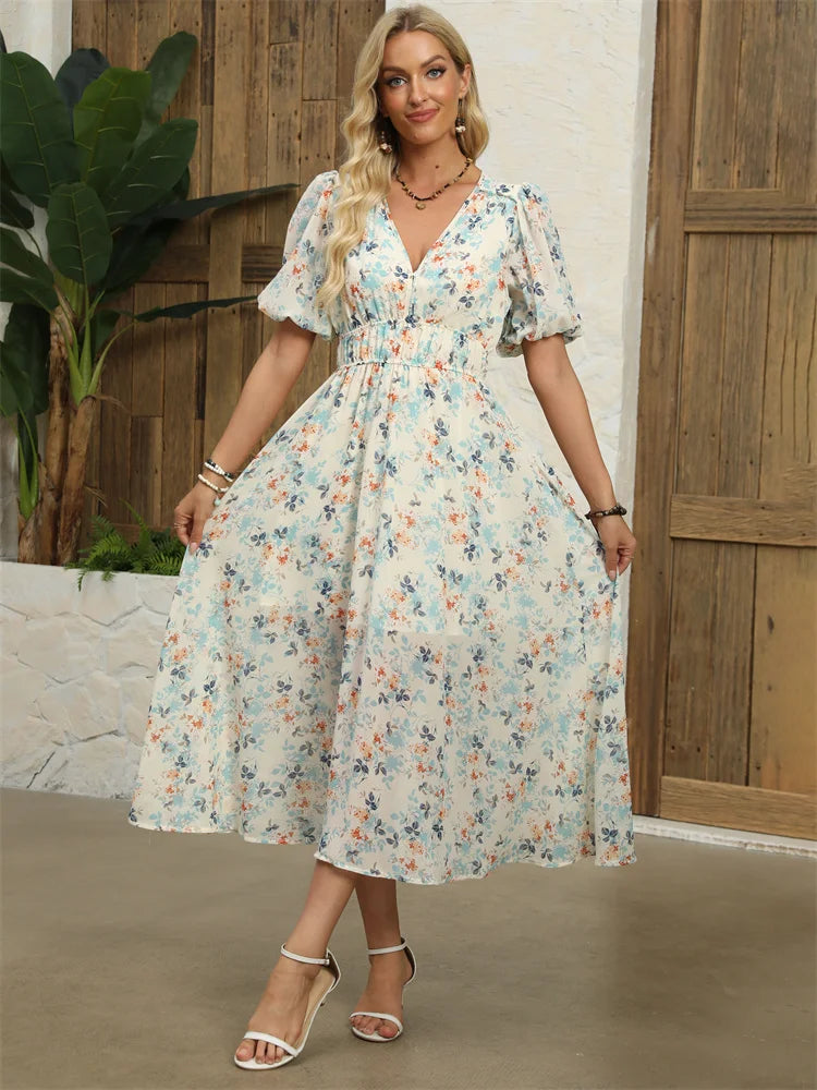 Midi Dresses- Floral Chiffon Midi Dress with V-Neck - Light and Airy- Apricot- IndioGear.com