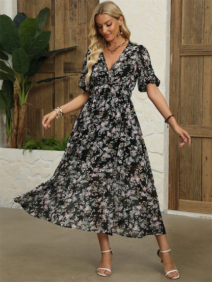 Midi Dresses- Floral Chiffon Midi Dress with V-Neck - Light and Airy- - IndioGear.com