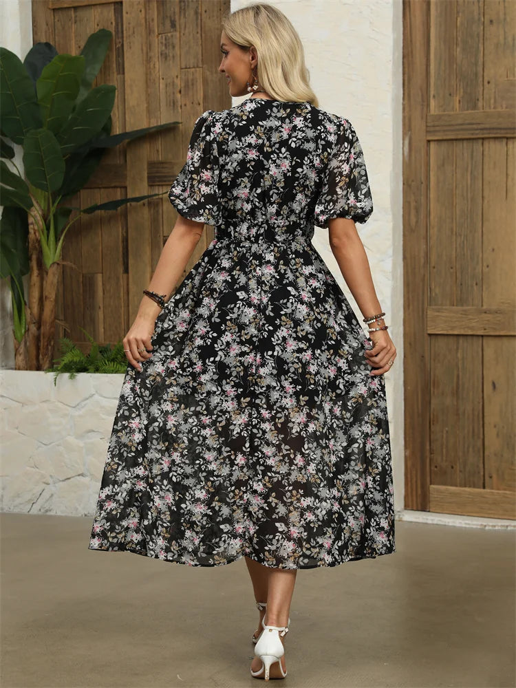 Midi Dresses- Floral Chiffon Midi Dress with V-Neck - Light and Airy- - IndioGear.com