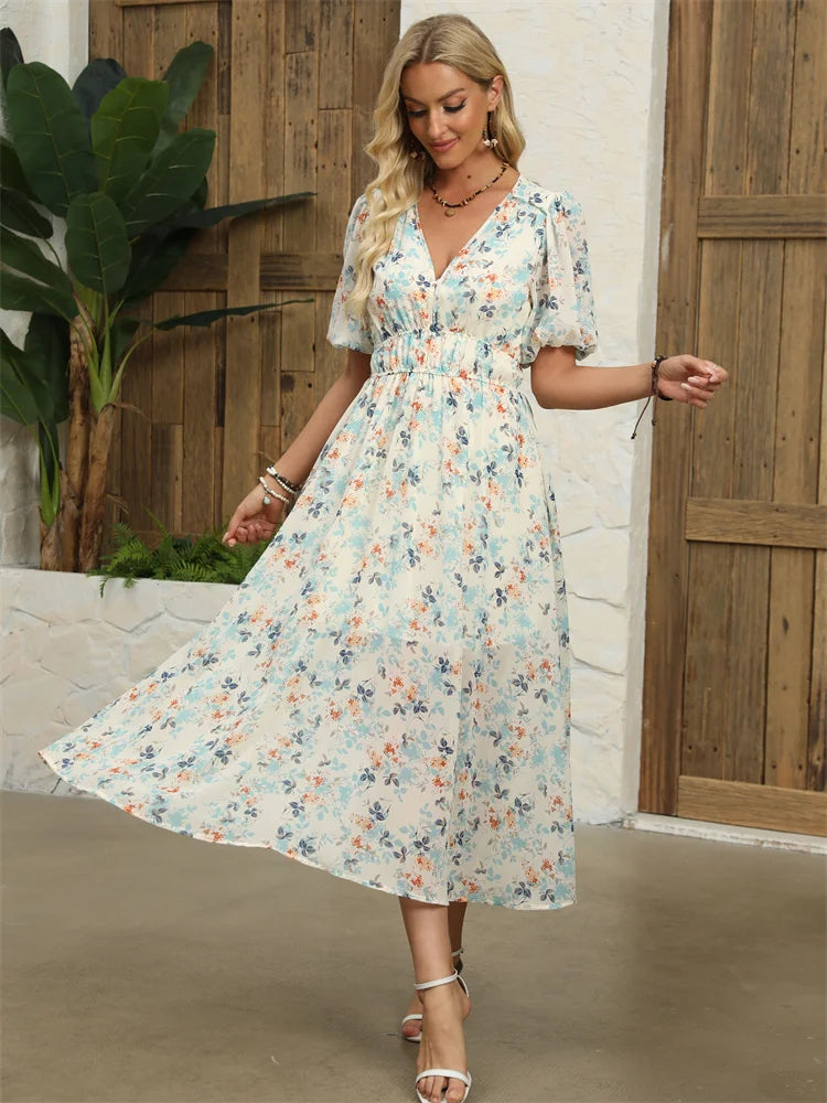 Midi Dresses- Floral Chiffon Midi Dress with V-Neck - Light and Airy- - IndioGear.com