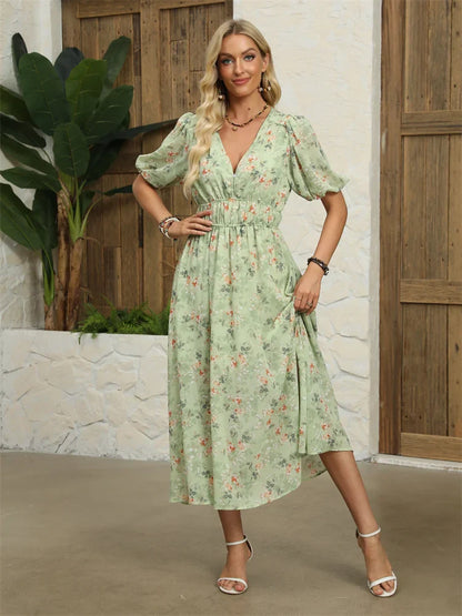 Midi Dresses- Floral Chiffon Midi Dress with V-Neck - Light and Airy- - IndioGear.com