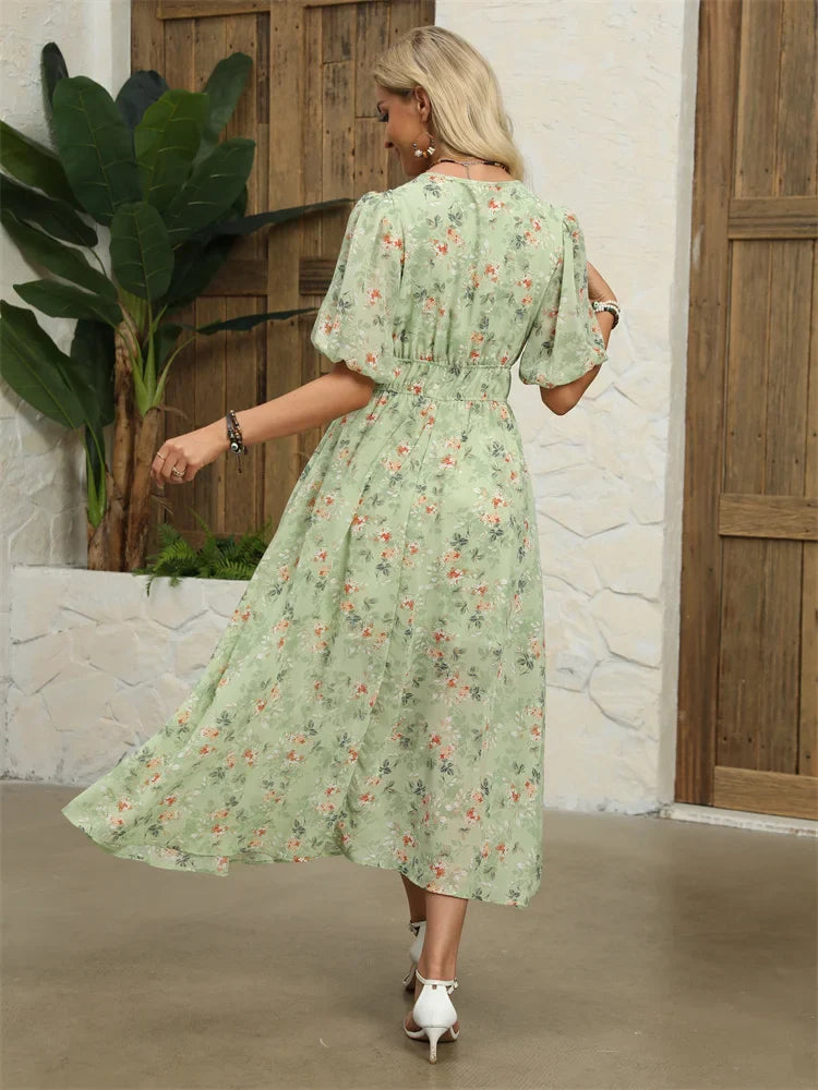 Midi Dresses- Floral Chiffon Midi Dress with V-Neck - Light and Airy- - IndioGear.com