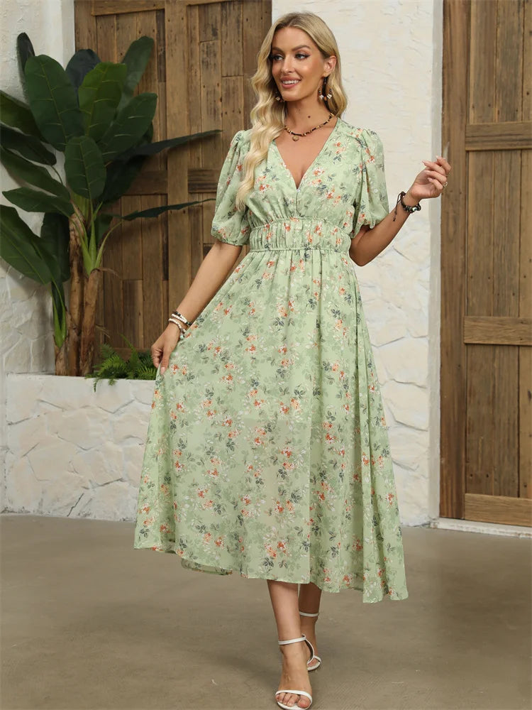 Midi Dresses- Floral Chiffon Midi Dress with V-Neck - Light and Airy- - IndioGear.com