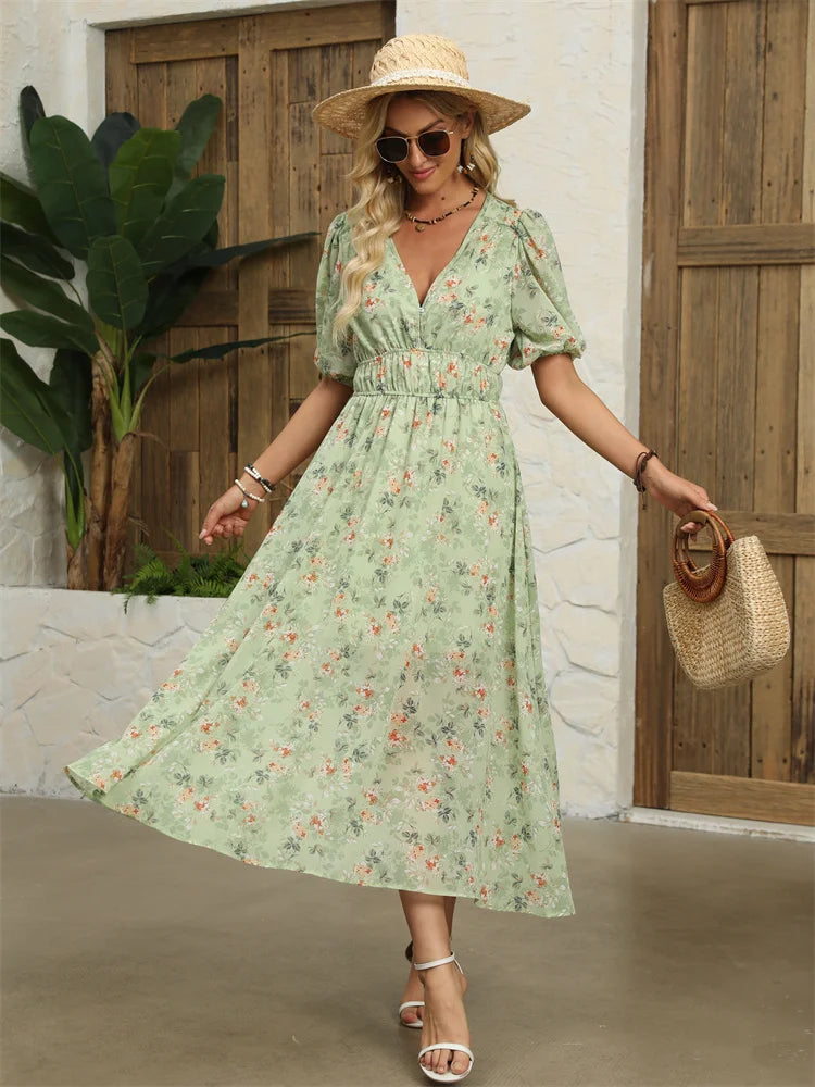 Midi Dresses- Floral Chiffon Midi Dress with V-Neck - Light and Airy- - IndioGear.com