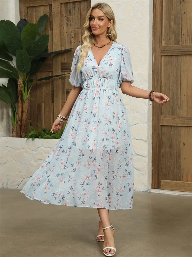 Midi Dresses- Floral Chiffon Midi Dress with V-Neck - Light and Airy- - IndioGear.com