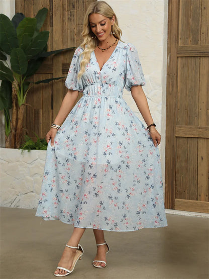 Midi Dresses- Floral Chiffon Midi Dress with V-Neck - Light and Airy- - IndioGear.com