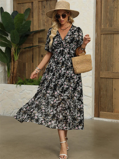 Midi Dresses- Floral Chiffon Midi Dress with V-Neck - Light and Airy- Black- IndioGear.com