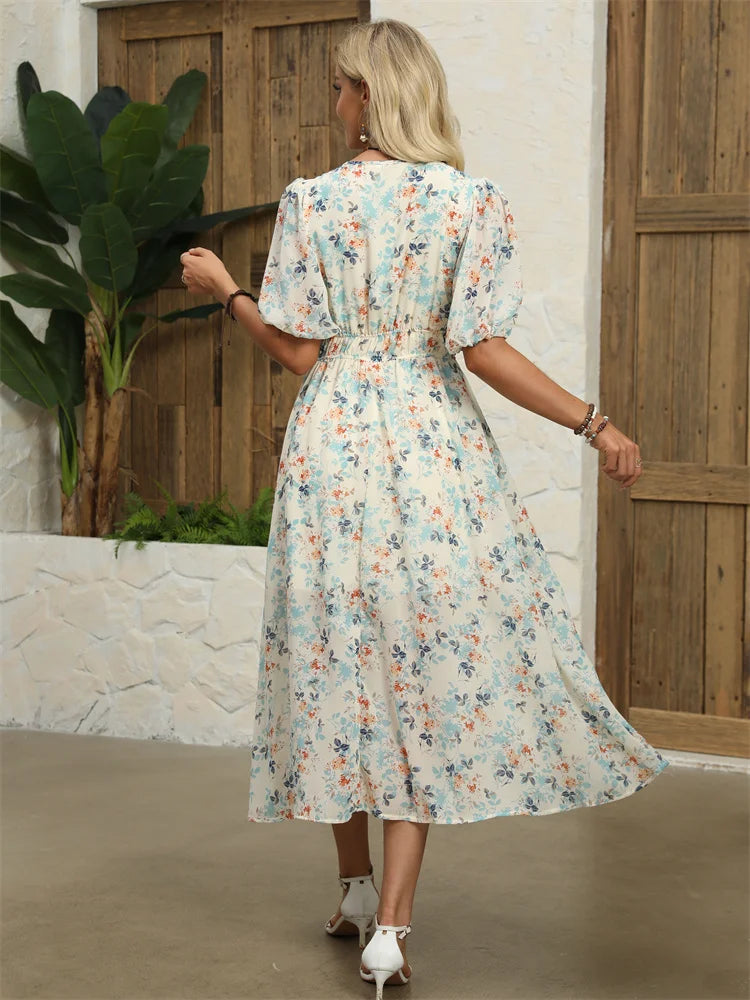 Midi Dresses- Floral Chiffon Midi Dress with V-Neck - Light and Airy- - IndioGear.com