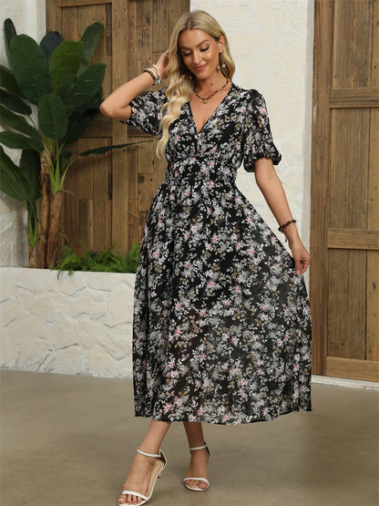 Midi Dresses- Floral Chiffon Midi Dress with V-Neck - Light and Airy- - IndioGear.com