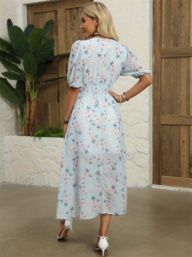 Midi Dresses- Floral Chiffon Midi Dress with V-Neck - Light and Airy- - IndioGear.com