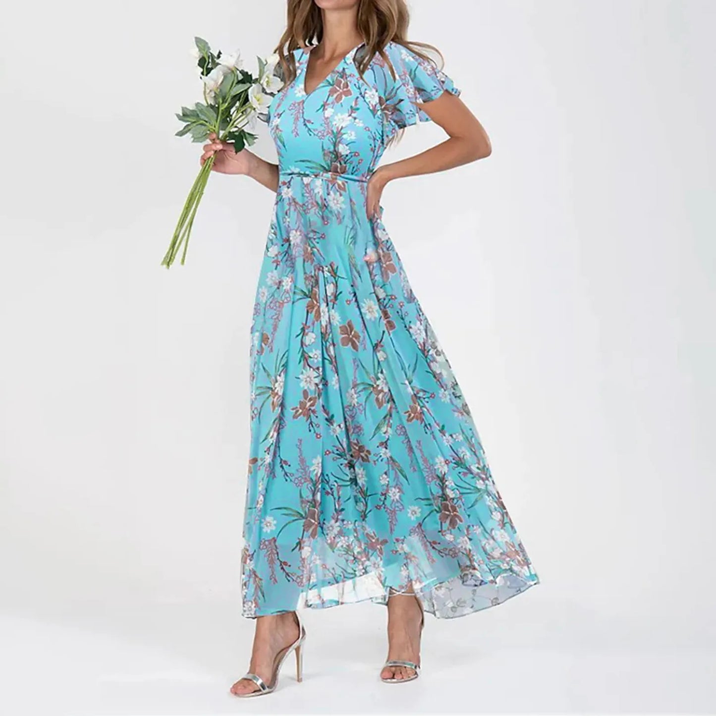 Midi Dresses- Floral Midi Dress for Spring Weddings & Garden Parties!- Sky Blue- IndioGear.com