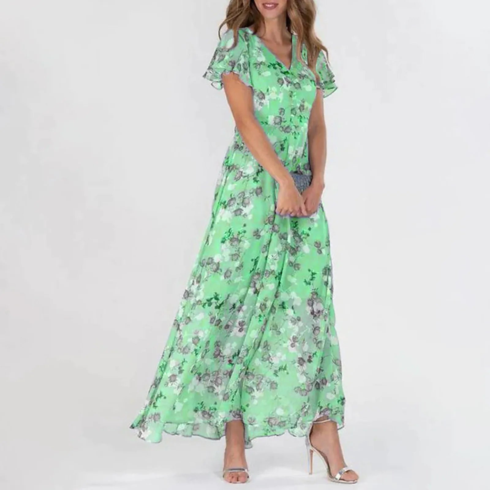 Midi Dresses- Floral Midi Dress for Spring Weddings & Garden Parties!- Green- IndioGear.com