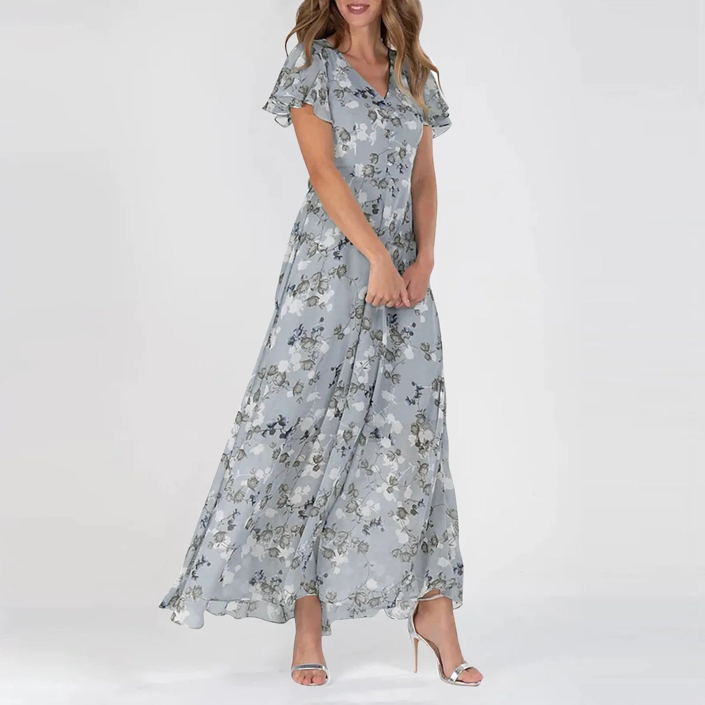 Midi Dresses- Floral Midi Dress for Spring Weddings & Garden Parties!- Light Blue- IndioGear.com