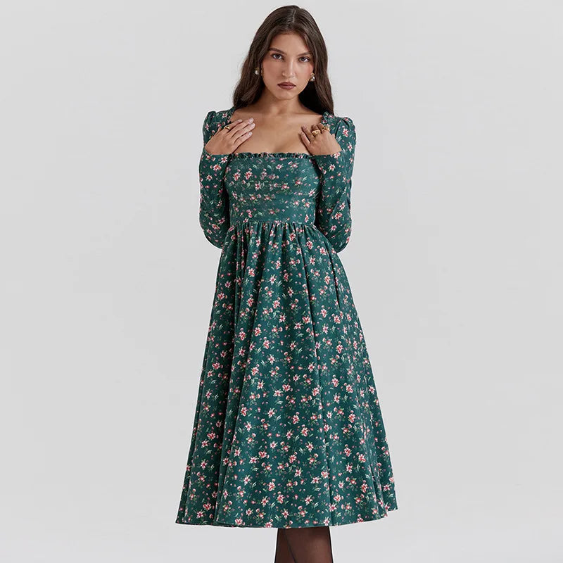 Midi Dresses- “Floral Pleated Midi Dress with Ruffle Sleeves”- - IndioGear.com