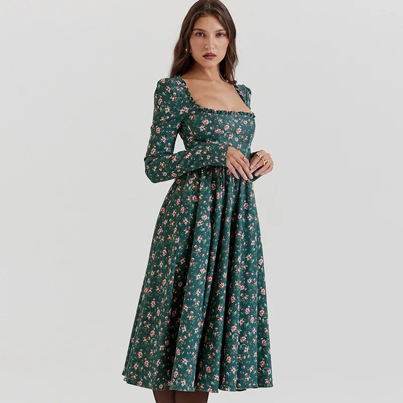 Midi Dresses- “Floral Pleated Midi Dress with Ruffle Sleeves”- - IndioGear.com