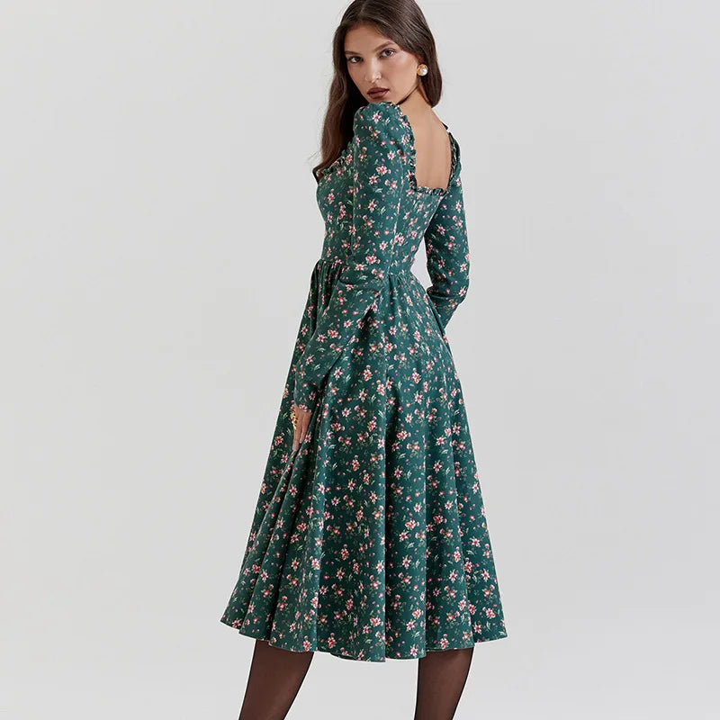 Midi Dresses- “Floral Pleated Midi Dress with Ruffle Sleeves”- - IndioGear.com