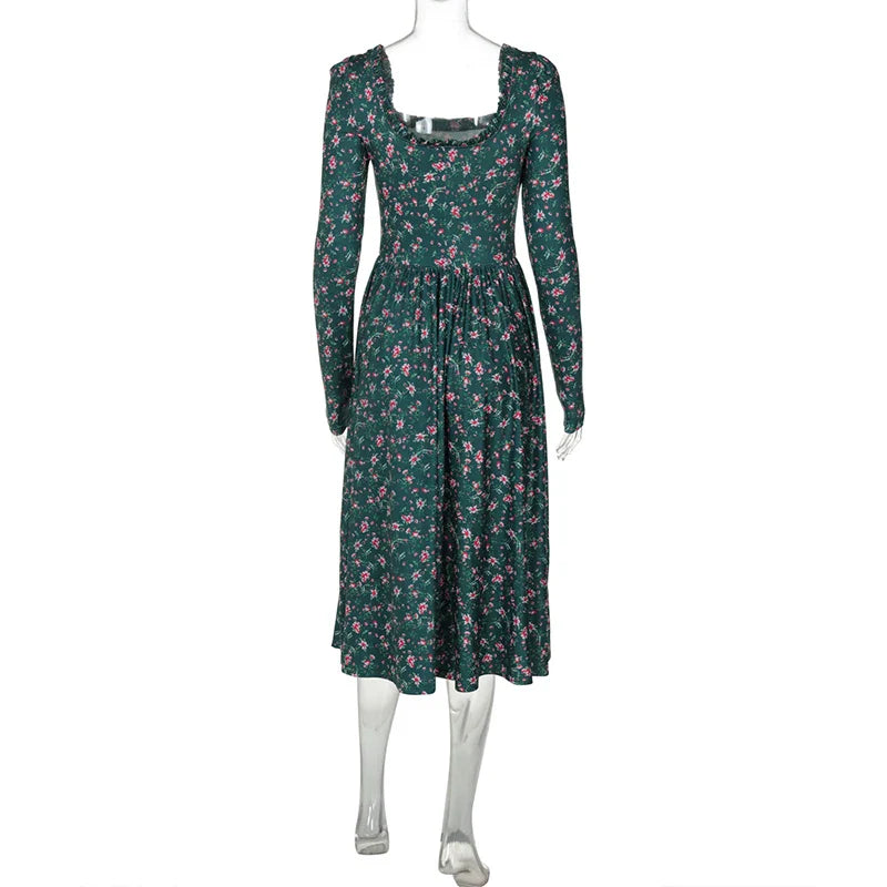 Midi Dresses- “Floral Pleated Midi Dress with Ruffle Sleeves”- - IndioGear.com