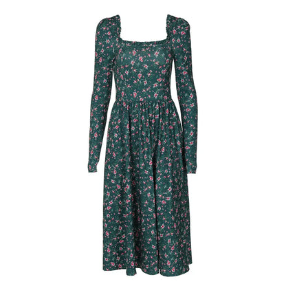 Midi Dresses- “Floral Pleated Midi Dress with Ruffle Sleeves”- - IndioGear.com