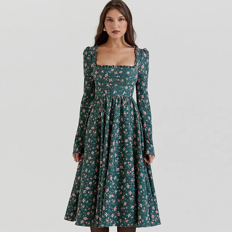 Midi Dresses- “Floral Pleated Midi Dress with Ruffle Sleeves”- - IndioGear.com