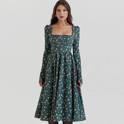 Midi Dresses- “Floral Pleated Midi Dress with Ruffle Sleeves”- - IndioGear.com