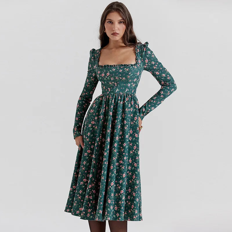 Midi Dresses- “Floral Pleated Midi Dress with Ruffle Sleeves”- - IndioGear.com