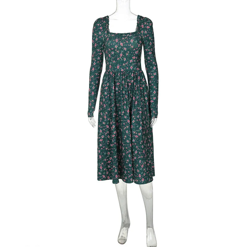 Midi Dresses- “Floral Pleated Midi Dress with Ruffle Sleeves”- - IndioGear.com