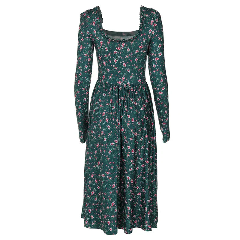 Midi Dresses- “Floral Pleated Midi Dress with Ruffle Sleeves”- - IndioGear.com