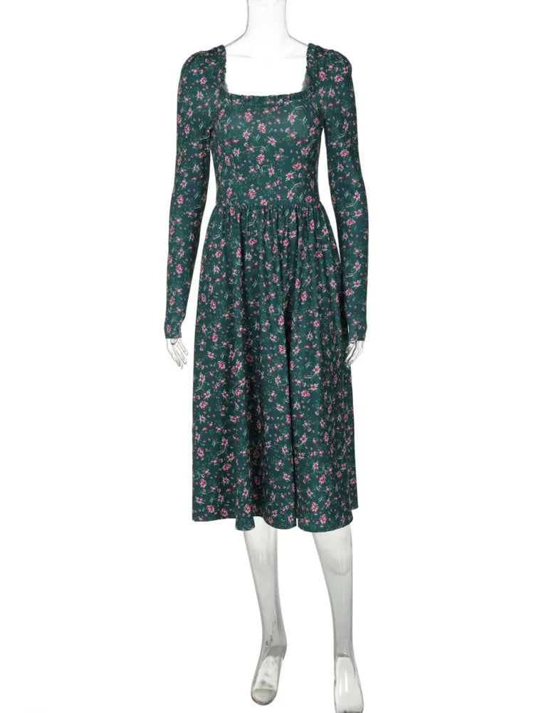 Midi Dresses- “Floral Pleated Midi Dress with Ruffle Sleeves”- - IndioGear.com