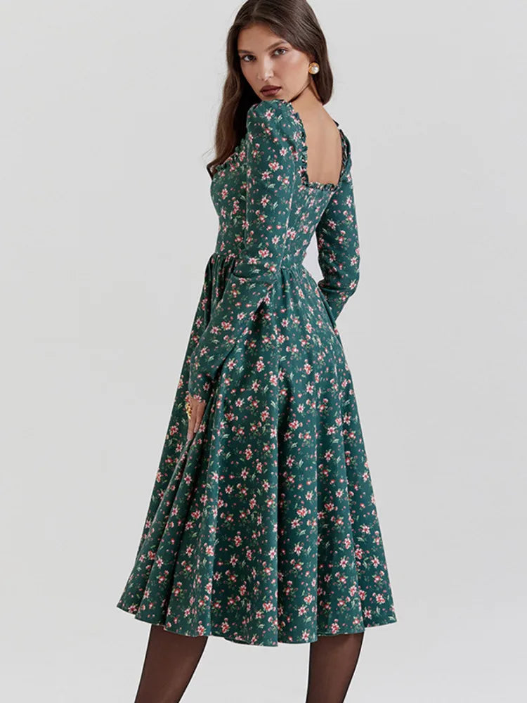 Midi Dresses- “Floral Pleated Midi Dress with Ruffle Sleeves”- - IndioGear.com