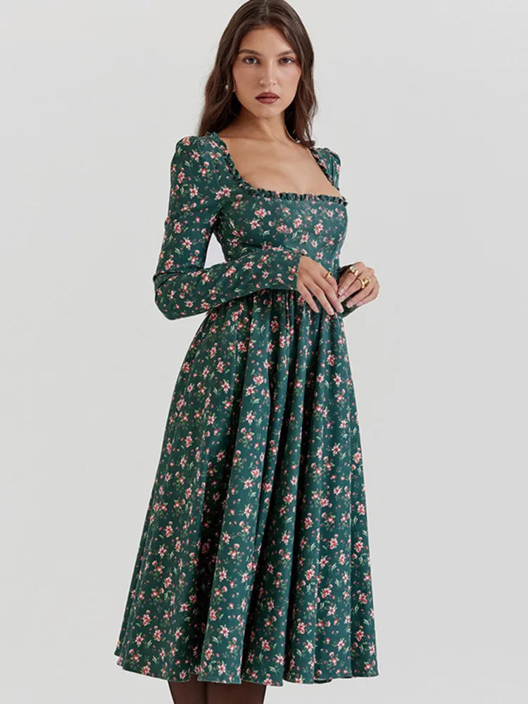 Midi Dresses- “Floral Pleated Midi Dress with Ruffle Sleeves”- - IndioGear.com