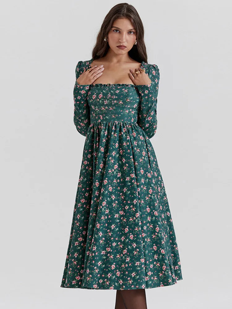 Midi Dresses- “Floral Pleated Midi Dress with Ruffle Sleeves”- - IndioGear.com