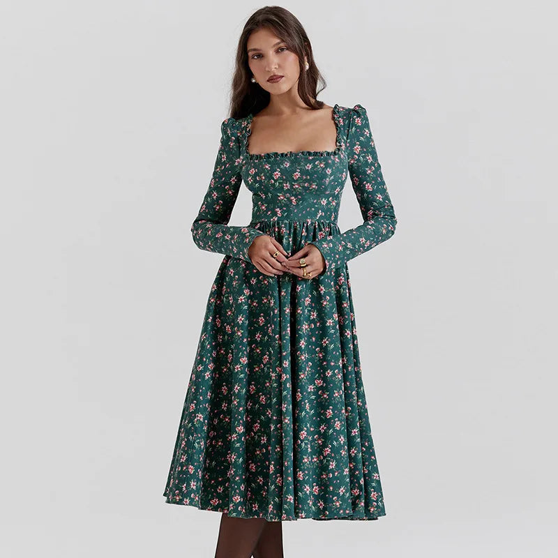 Midi Dresses- “Floral Pleated Midi Dress with Ruffle Sleeves”- - IndioGear.com