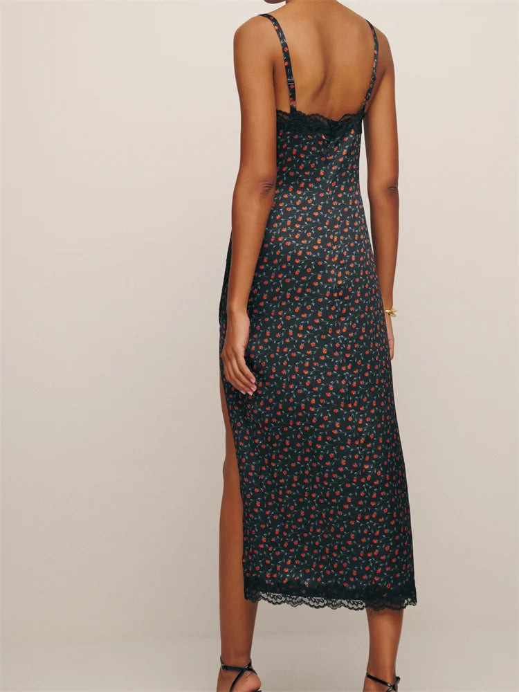 Midi Dresses- Floral Print Midi Satin Slip Dress with Slit and Lace Detailing