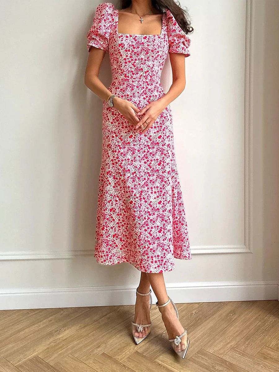 Midi Dresses- Floral Puff Sleeve Tea Dress for Weddings- Red Pink Floral- IndioGear.com