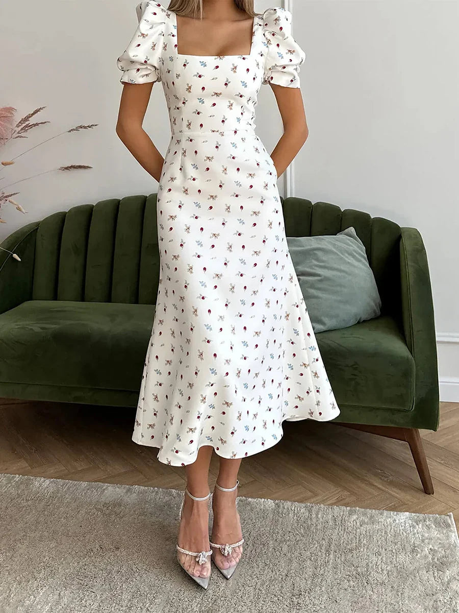 Midi Dresses- Floral Puff Sleeve Tea Dress for Weddings- - IndioGear.com