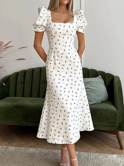 Midi Dresses- Floral Puff Sleeve Tea Dress for Weddings- Floral Print- IndioGear.com