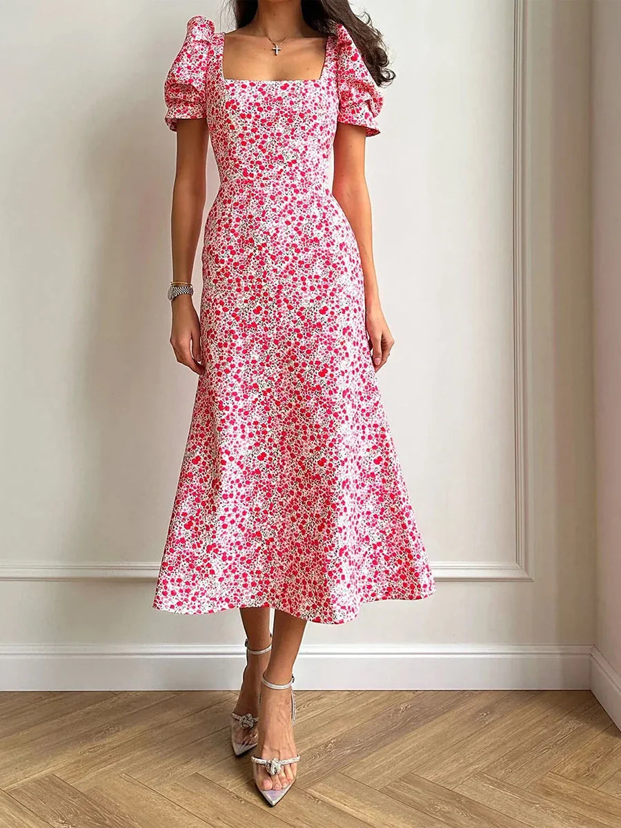 Midi Dresses- Floral Puff Sleeve Tea Dress for Weddings- - IndioGear.com