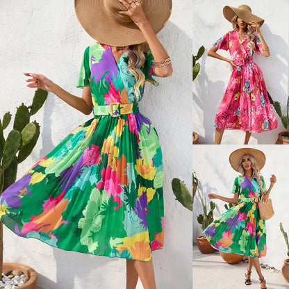 Midi Dresses- Floral Wrap Belted Dress for Garden Parties- - IndioGear.com