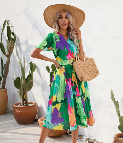 Midi Dresses- Floral Wrap Belted Dress for Garden Parties- - IndioGear.com