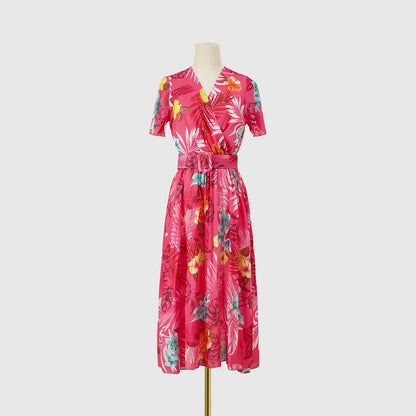 Midi Dresses- Floral Wrap Belted Dress for Garden Parties- - IndioGear.com