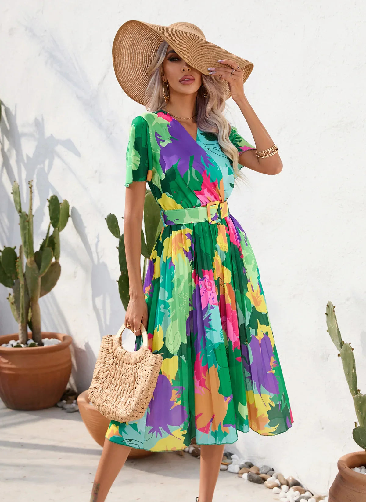 Midi Dresses- Floral Wrap Belted Dress for Garden Parties- Green- IndioGear.com