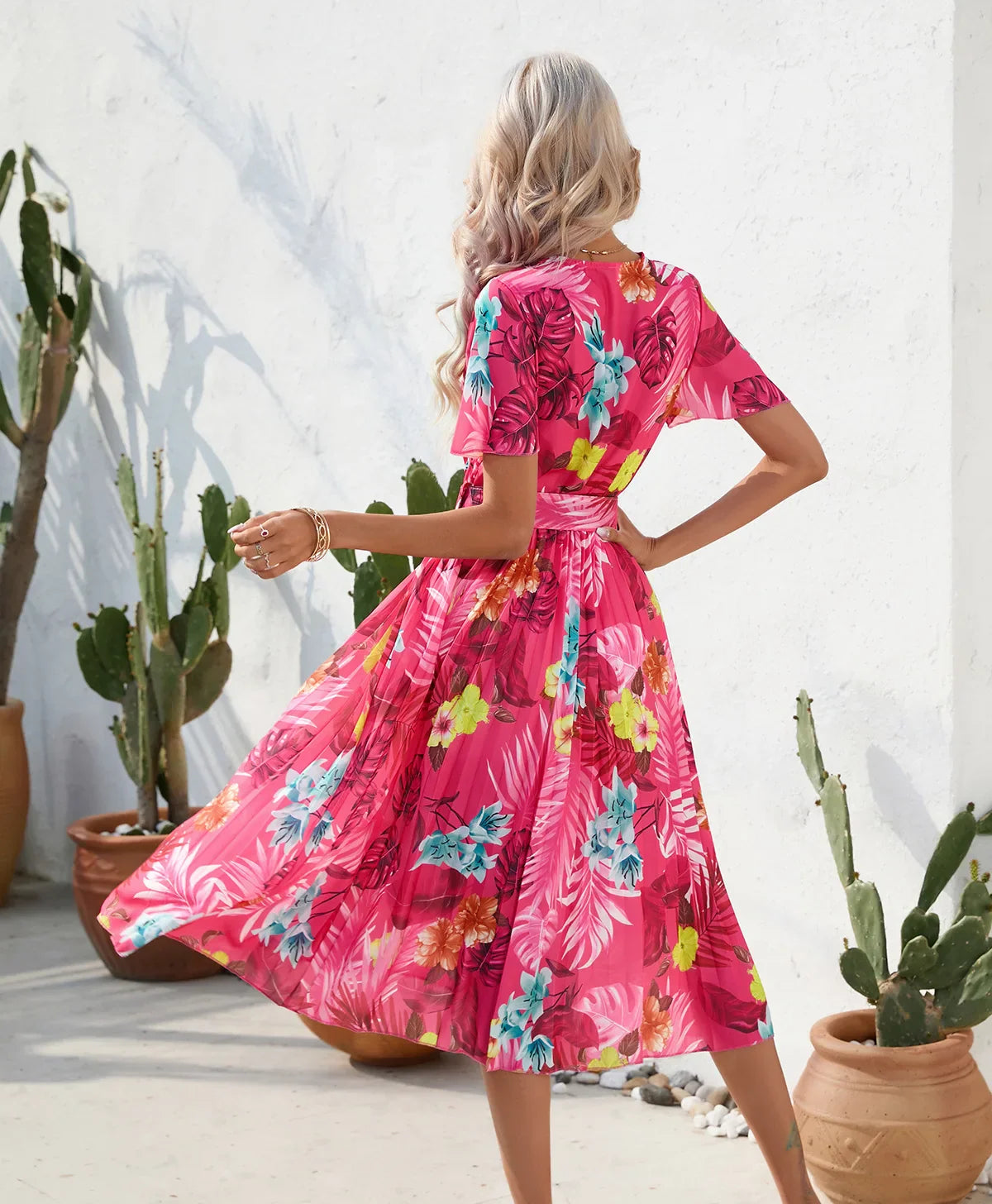 Midi Dresses- Floral Wrap Belted Dress for Garden Parties- - IndioGear.com