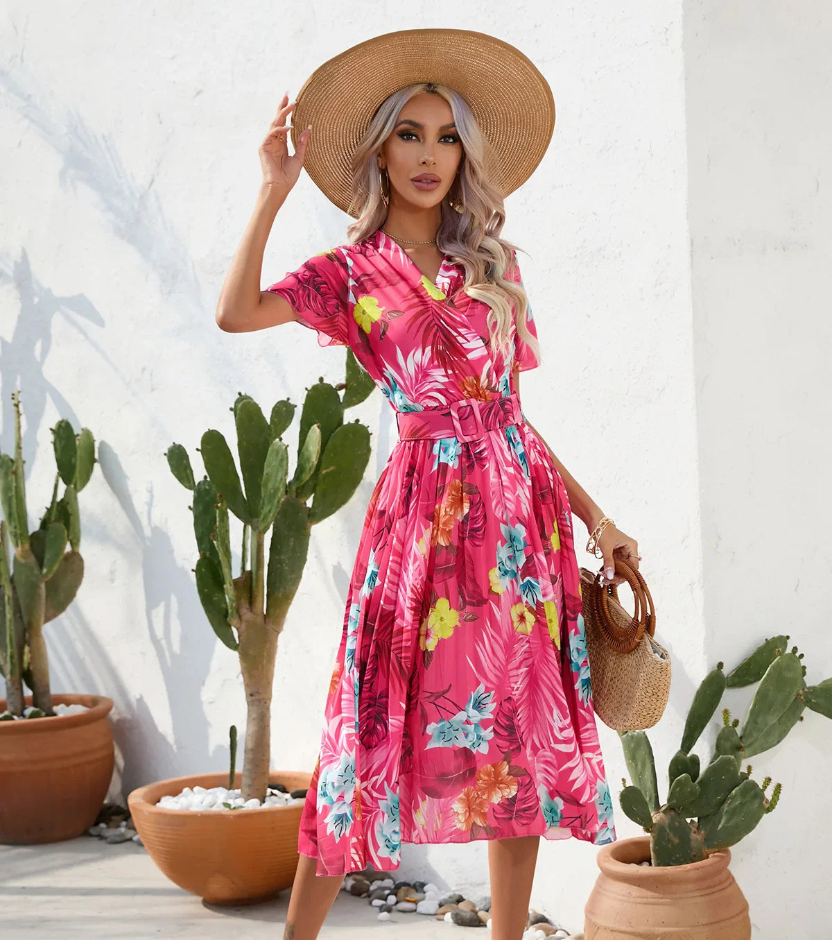 Midi Dresses- Floral Wrap Belted Dress for Garden Parties- - IndioGear.com