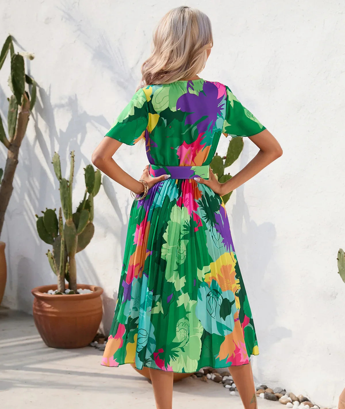 Midi Dresses- Floral Wrap Belted Dress for Garden Parties- - IndioGear.com