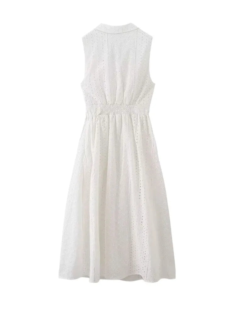 Midi Dresses- Garden Collared Eyelet Embroidered Summer Tea Dress- - IndioGear.com