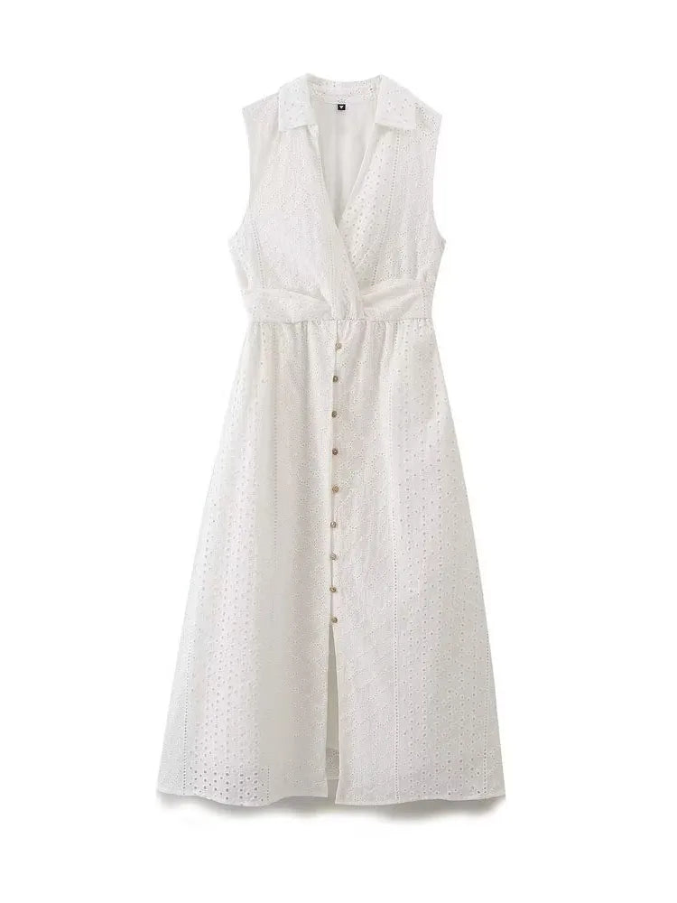 Midi Dresses- Garden Collared Eyelet Embroidered Summer Tea Dress- White- IndioGear.com