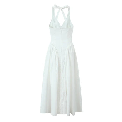 Midi Dresses- Garden Wedding Season White Halter Dress- - Chuzko Women Clothing