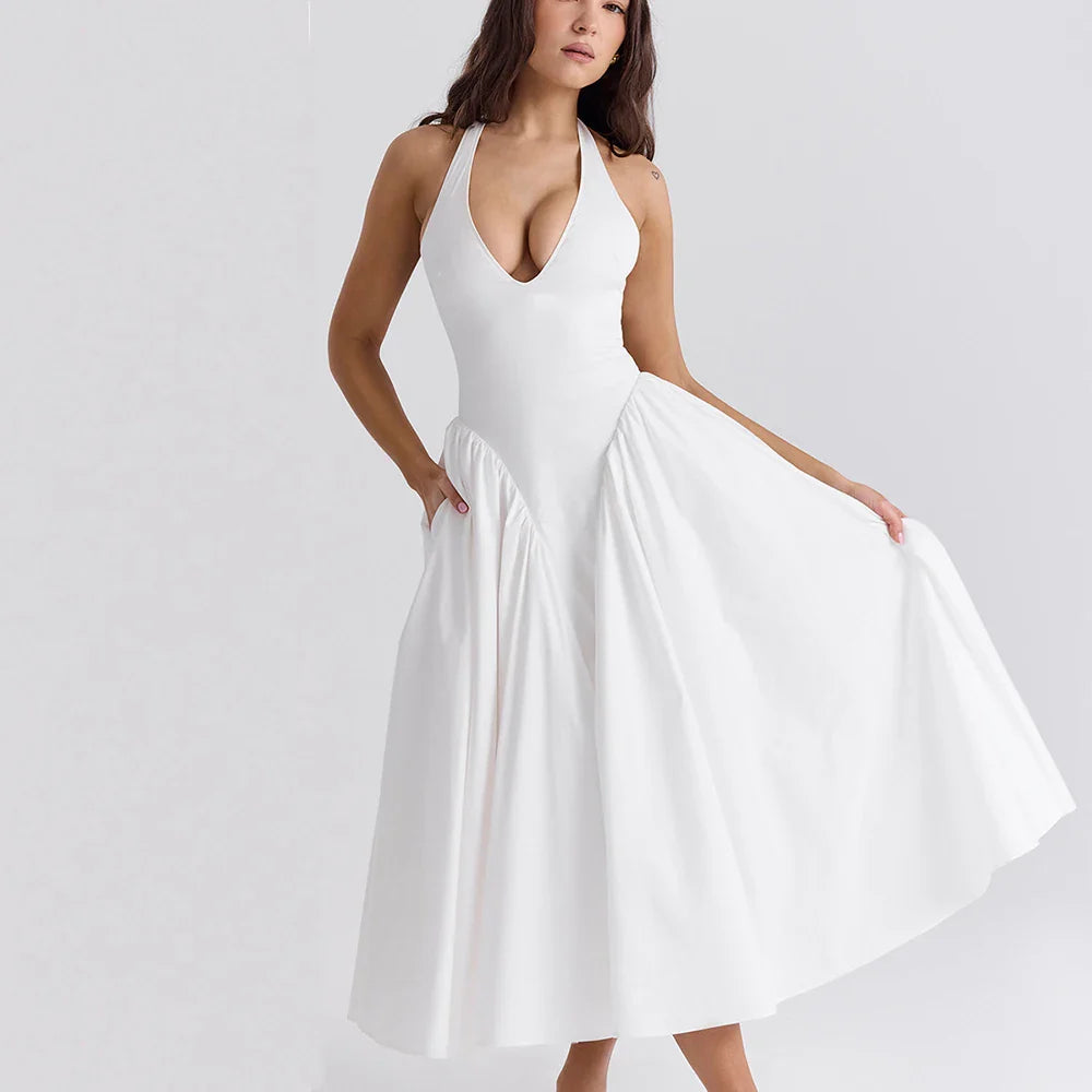 Midi Dresses- Garden Wedding Season White Halter Dress- - Chuzko Women Clothing